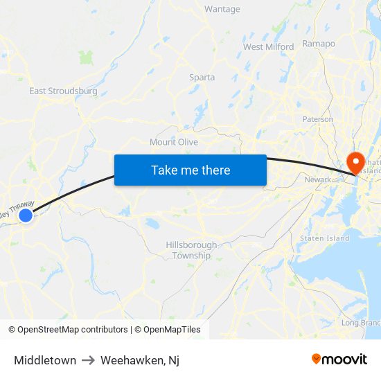 Middletown to Weehawken, Nj map