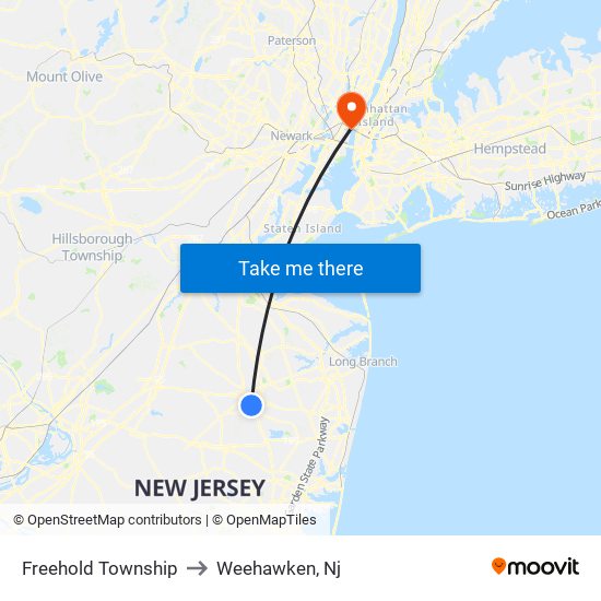 Freehold Township to Weehawken, Nj map