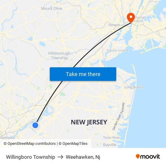 Willingboro Township to Weehawken, Nj map
