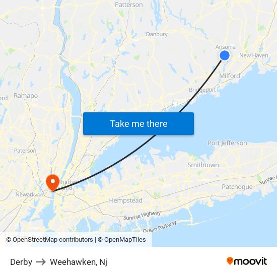 Derby to Weehawken, Nj map