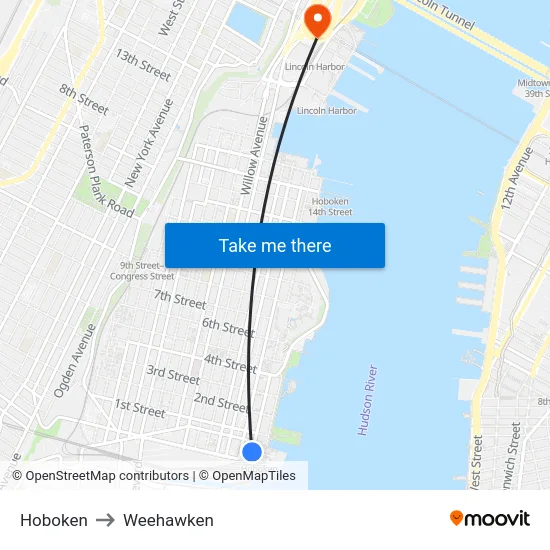Hoboken to Weehawken map