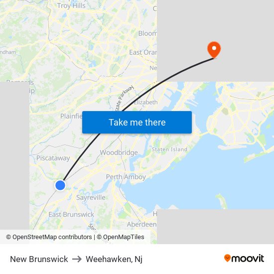 New Brunswick to Weehawken, Nj map