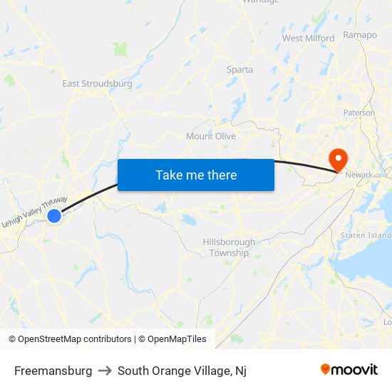 Freemansburg to South Orange Village, Nj map