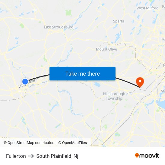 Fullerton to South Plainfield, Nj map