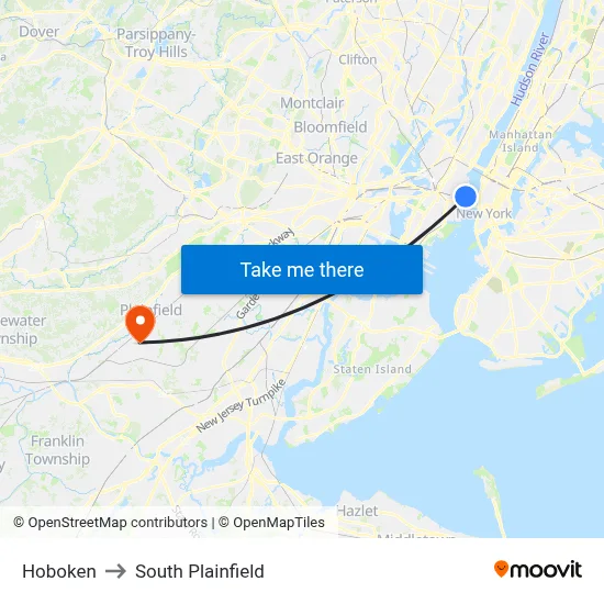 Hoboken to South Plainfield map