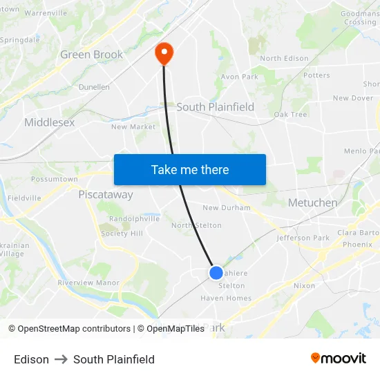 Edison to South Plainfield map