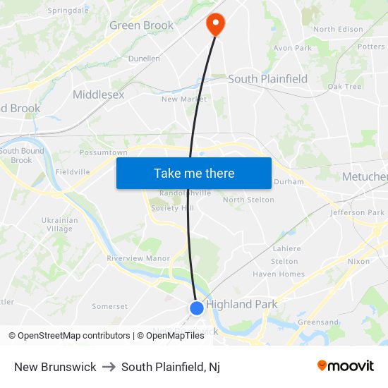 New Brunswick to South Plainfield, Nj map