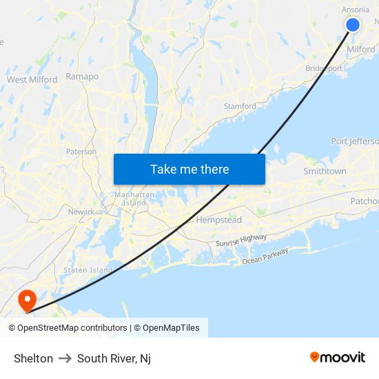 Shelton to South River, Nj map