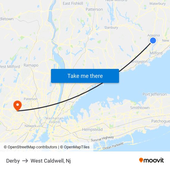 Derby to West Caldwell, Nj map