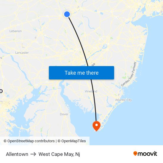 Allentown to West Cape May, Nj map