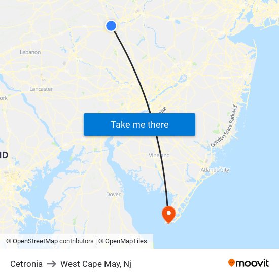 Cetronia to West Cape May, Nj map