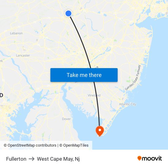 Fullerton to West Cape May, Nj map
