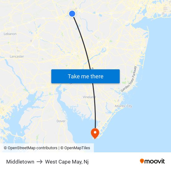 Middletown to West Cape May, Nj map