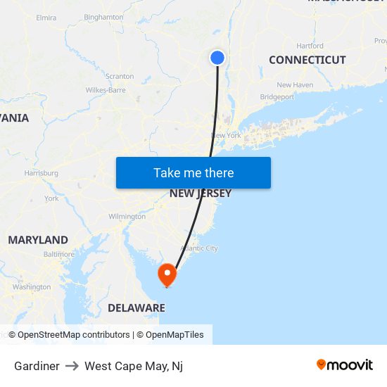 Gardiner to West Cape May, Nj map