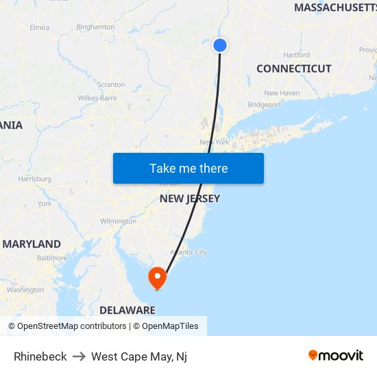 Rhinebeck to West Cape May, Nj map