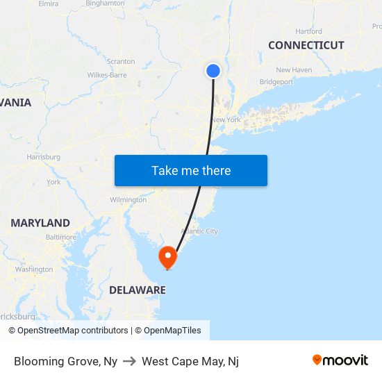 Blooming Grove, Ny to West Cape May, Nj map