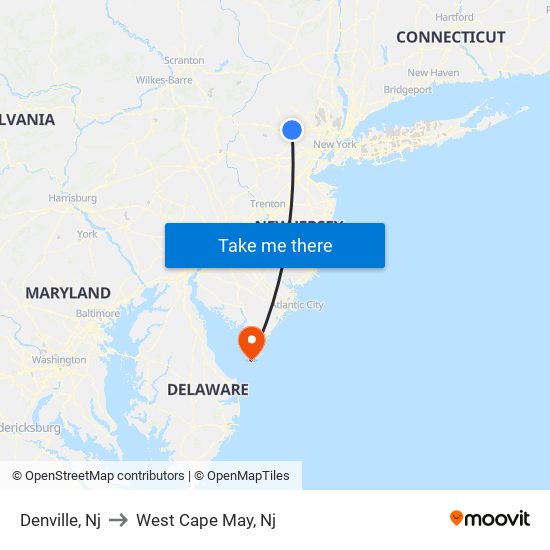 Denville, Nj to West Cape May, Nj map