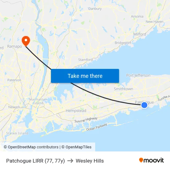 Patchogue LIRR (77, 77y) to Wesley Hills map
