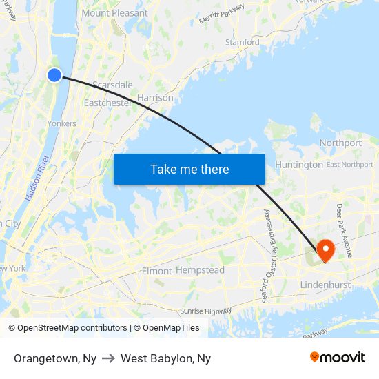 Orangetown, Ny to West Babylon, Ny map