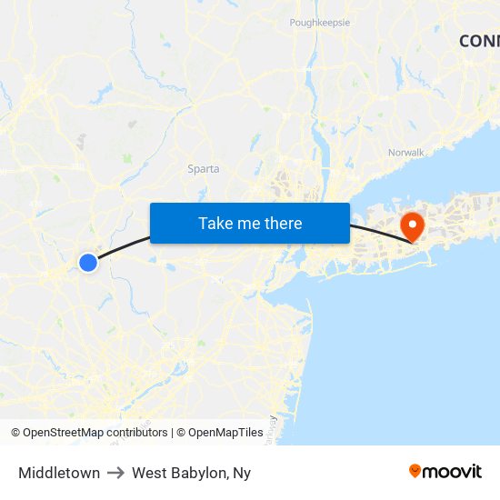 Middletown to West Babylon, Ny map