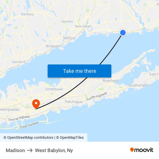 Madison to West Babylon, Ny map