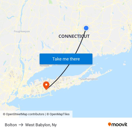 Bolton to West Babylon, Ny map