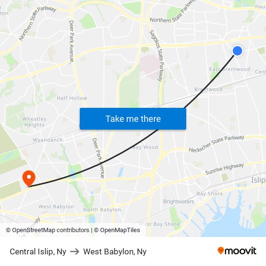Central Islip, Ny to West Babylon, Ny map
