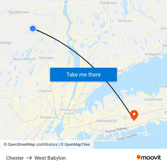 Chester to West Babylon map