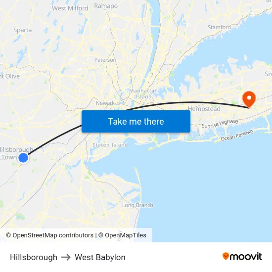 Hillsborough to West Babylon map