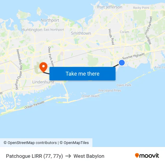 Patchogue LIRR (77, 77y) to West Babylon map