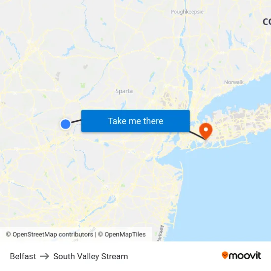 Belfast to South Valley Stream map