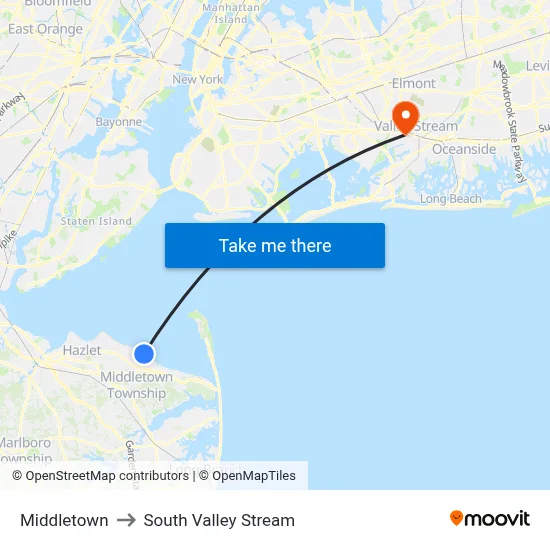 Middletown to South Valley Stream map