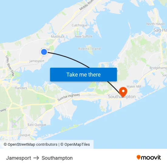 Jamesport to Southampton map
