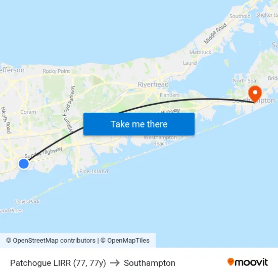 Patchogue LIRR (77, 77y) to Southampton map