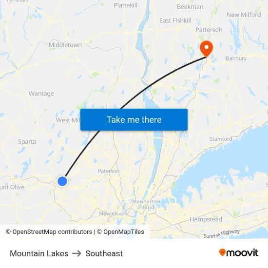 Mountain Lakes to Southeast map