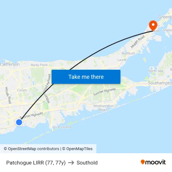 Patchogue LIRR (77, 77y) to Southold map