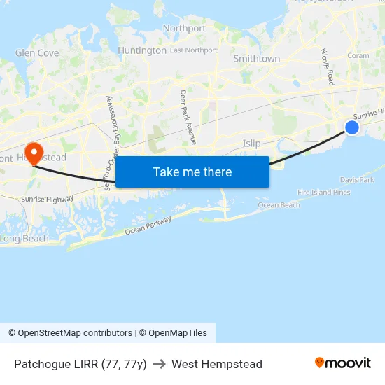 Patchogue LIRR (77, 77y) to West Hempstead map