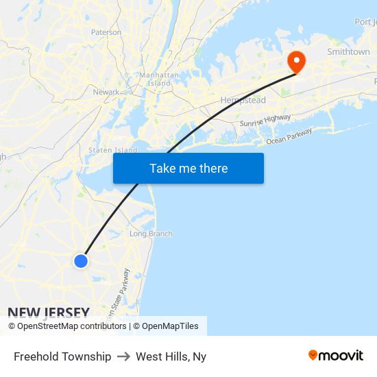 Freehold Township to West Hills, Ny map