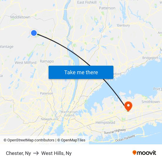 Chester, Ny to West Hills, Ny map