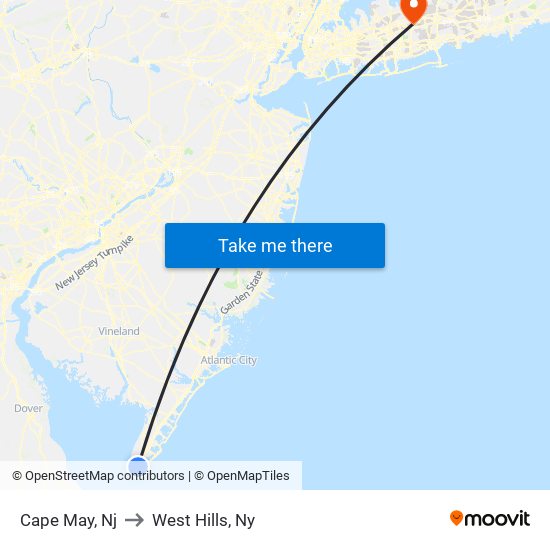 Cape May, Nj to West Hills, Ny map