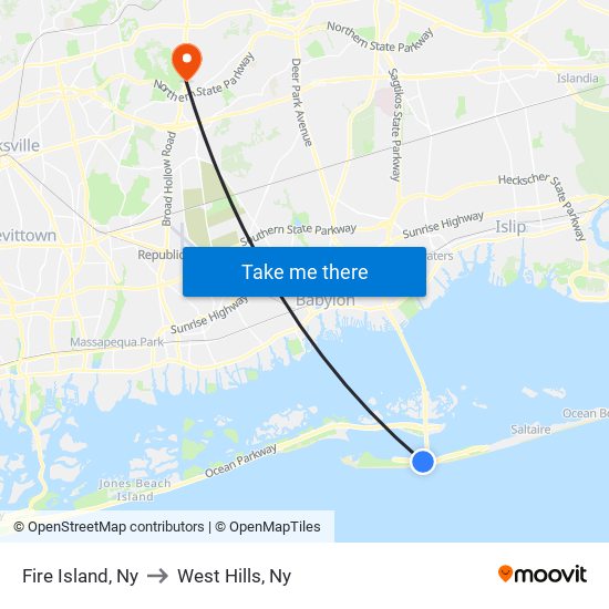 Fire Island, Ny to West Hills, Ny map