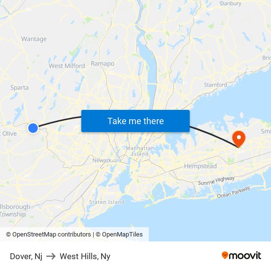 Dover, Nj to West Hills, Ny map