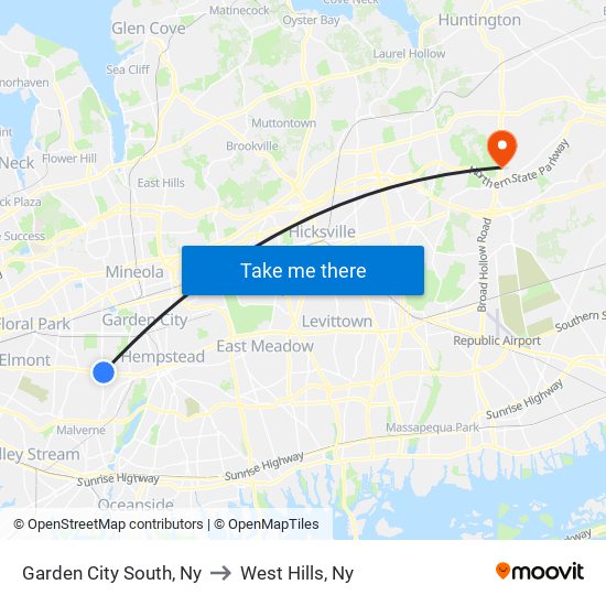 Garden City South, Ny to West Hills, Ny map