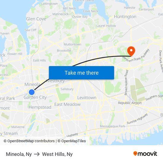 Mineola, Ny to West Hills, Ny map