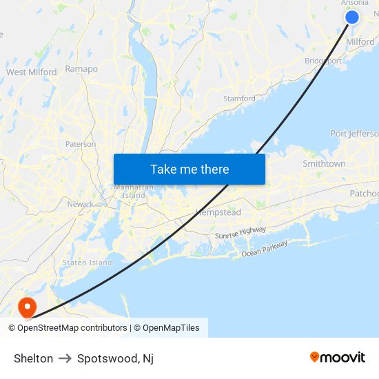 Shelton to Spotswood, Nj map