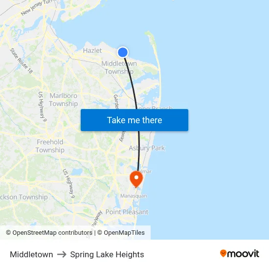 Middletown to Spring Lake Heights map