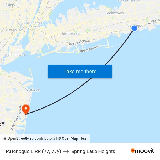 Patchogue LIRR (77, 77y) to Spring Lake Heights map