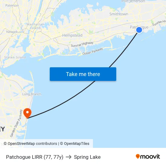 Patchogue LIRR (77, 77y) to Spring Lake map