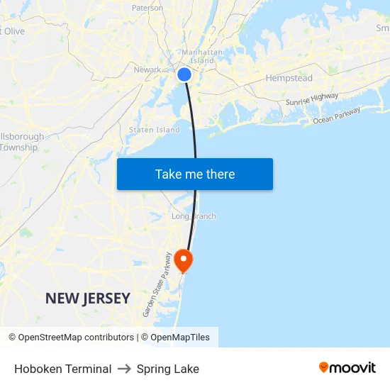 Hoboken Terminal to Spring Lake map