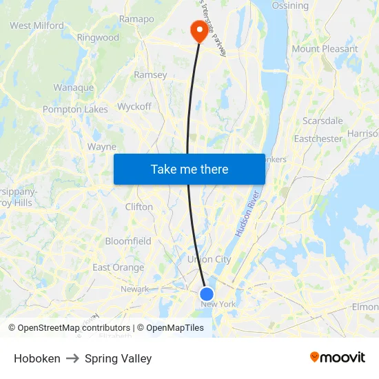 Hoboken to Spring Valley map